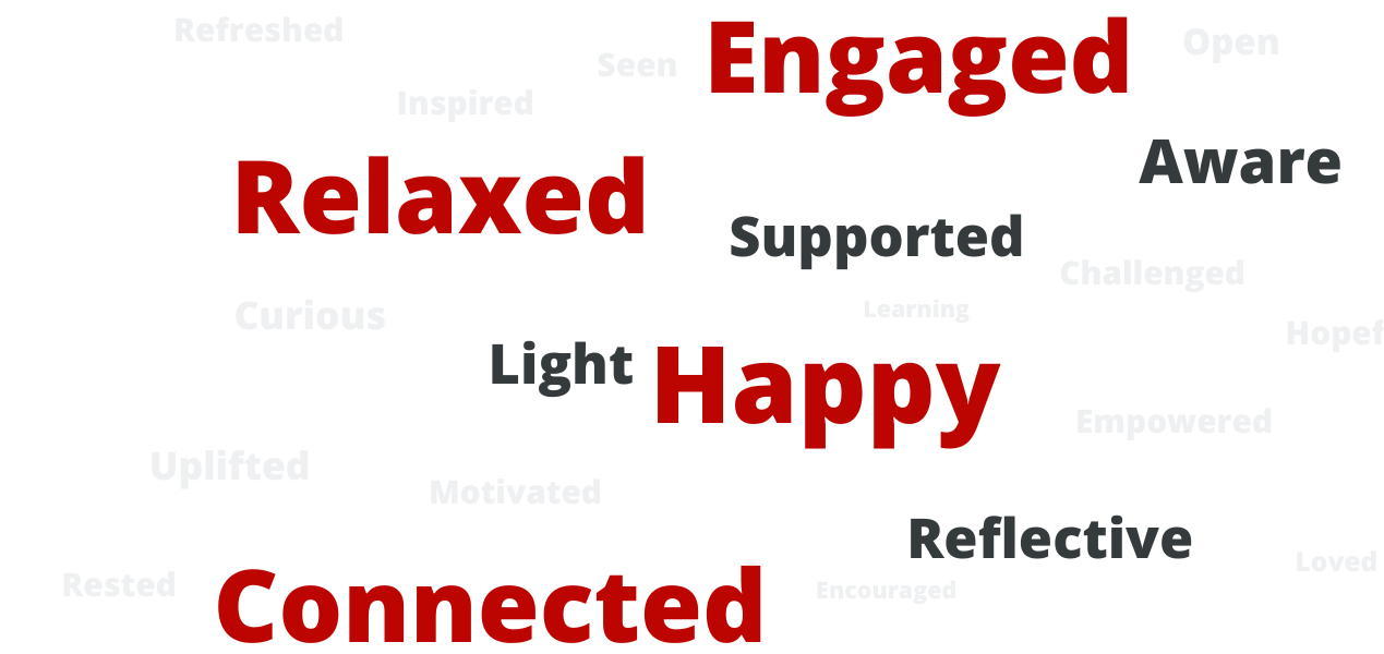 One-Word descripton of the Candidly Speaking program by participants. Engaged, relaxed, supported, happy, aware, light, reflective, curious, uplifted.